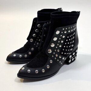 Cecelia New York Black Leather Silver Studded Ankle Boots Block Heel - Size 9/10